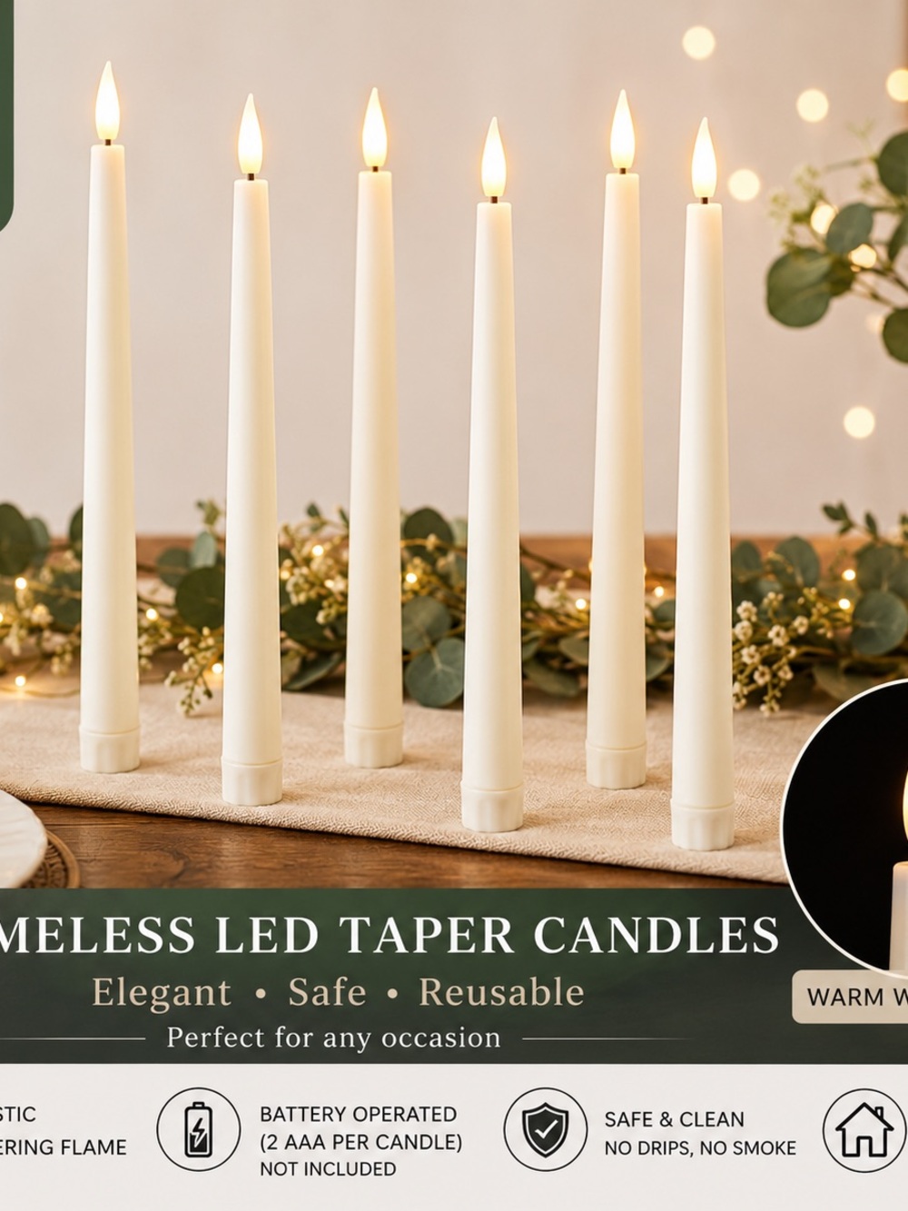 6 LED Flameless Taper Candles White Battery Operated Wedding Table Decor